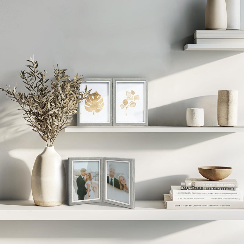 Afuly 5x7 Picture Frame Grey Double Wooden Hinged Photo Frames 2 Openings Tabletop Display Desk Picture Frames Modern Decor Wedding Birthday Christamas Gifts for Women Mom Family Friends - Image 4